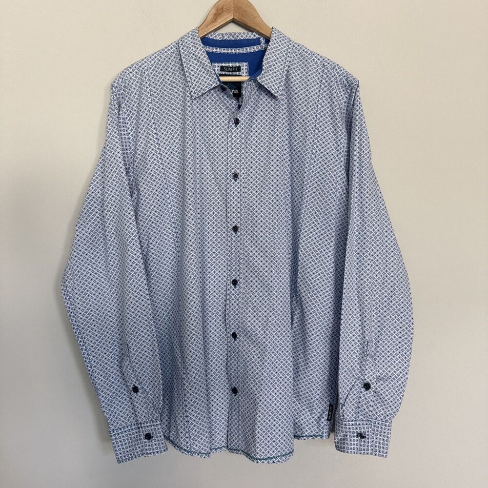 Men’s Prana Button Down Slim Fit Dress Shirt Blue Geometric Pattern XL